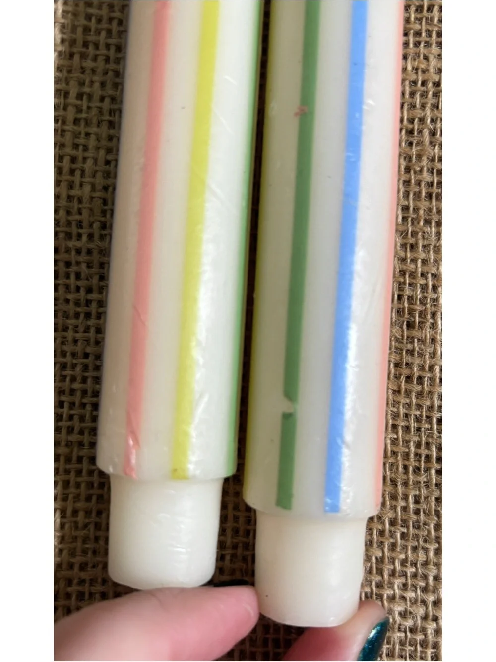Set Of Two Pastel Striped Wax Taper Candles Cute Twee Retro Playful Colorful Fun